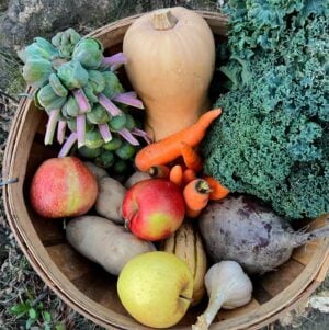 Example December Single Share A wooden basket filled with assorted fresh produce, including apples, carrots, butternut squash, Brussels sprouts, kale, sweet potatoes, a beet, and garlic.
