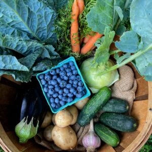 Example July Single Share A wooden basket filled with fresh produce, including blueberries, carrots, cucumbers, garlic, potatoes, and cabbage, against green grass.