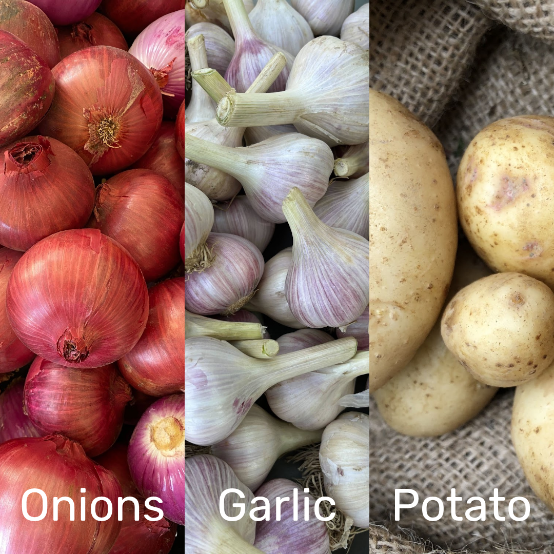 City Fresh Pantry Pack: Onions, garlic, and/or potatoes sold by weight - prices vary. Available July-December.